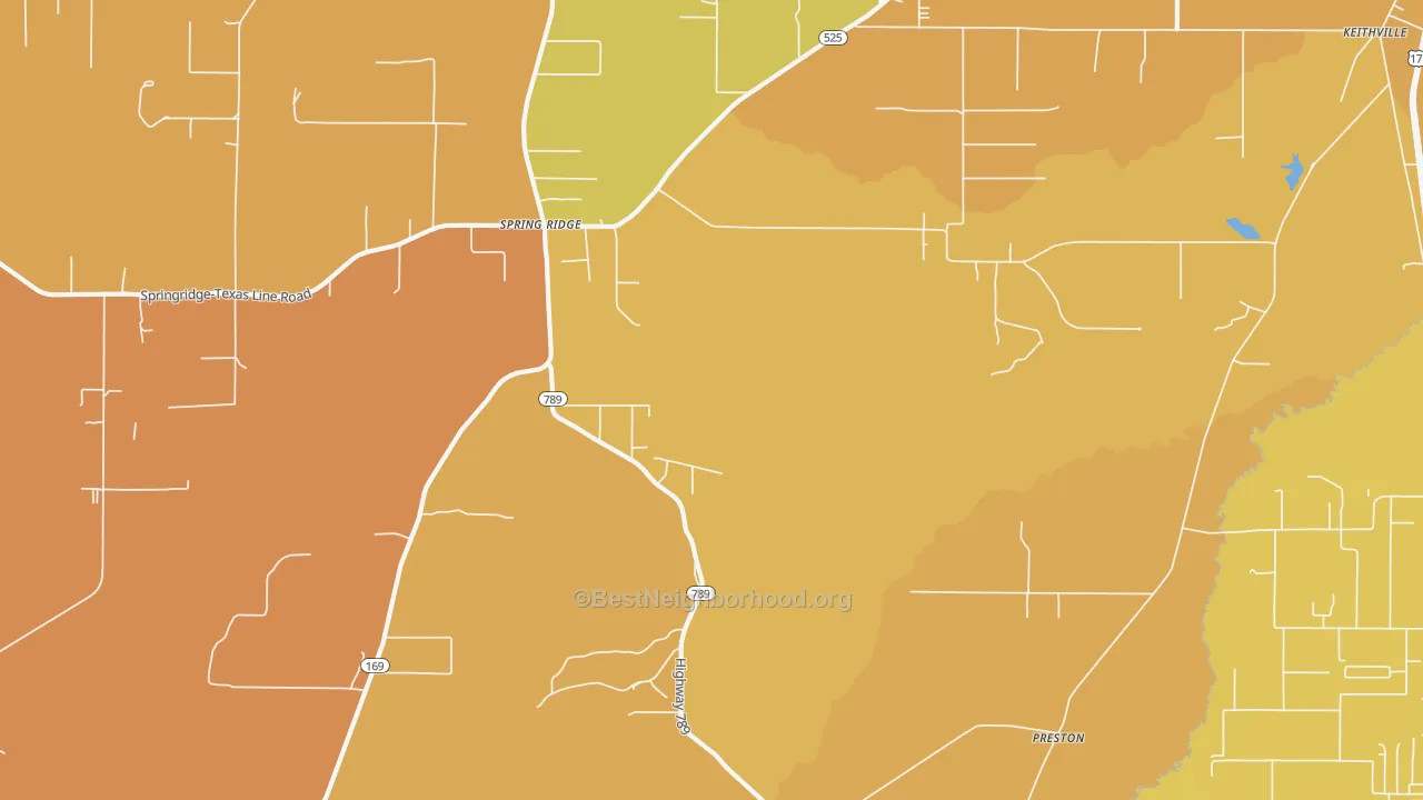 Map of the best neighborhoods in the Springridge area, with better matches in green and worse matches in red