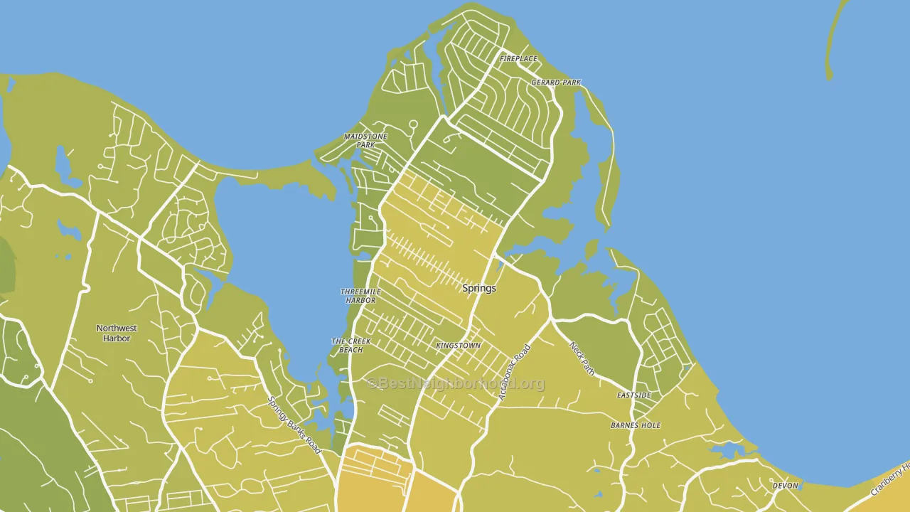 Map of the best neighborhoods in the Springs area, with better matches in green and worse matches in red