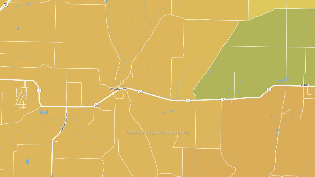 Map of the best neighborhoods in the Springtown area, with better matches in green and worse matches in red