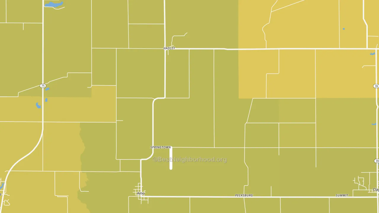 Map of the best neighborhoods in the Springtown area, with better matches in green and worse matches in red