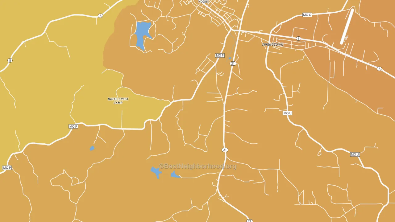 Map of the best neighborhoods in the Springtown area, with better matches in green and worse matches in red