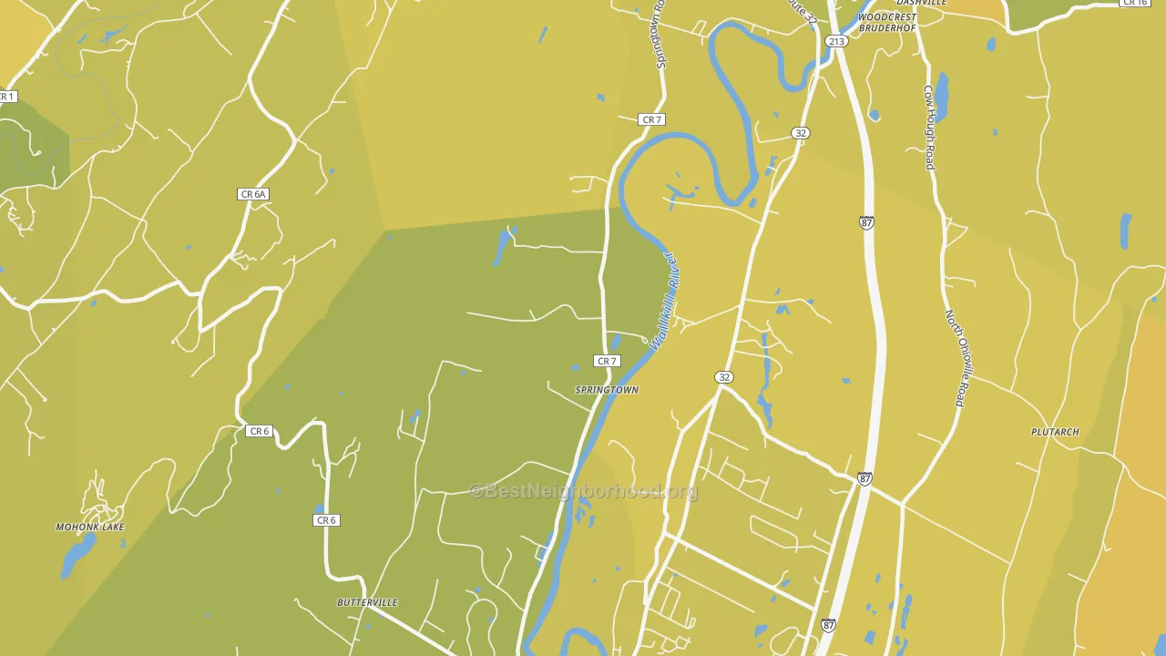 Map of the best neighborhoods in the Springtown area, with better matches in green and worse matches in red