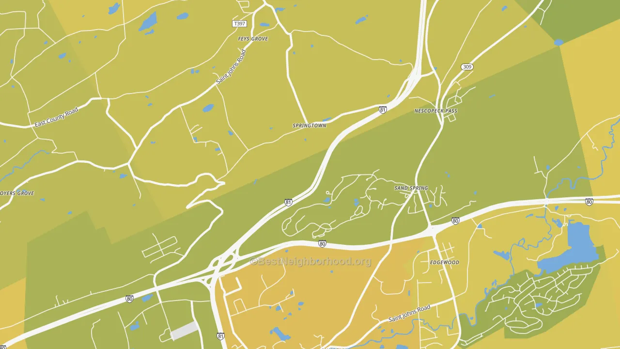 Map of the best neighborhoods in the Springtown area, with better matches in green and worse matches in red