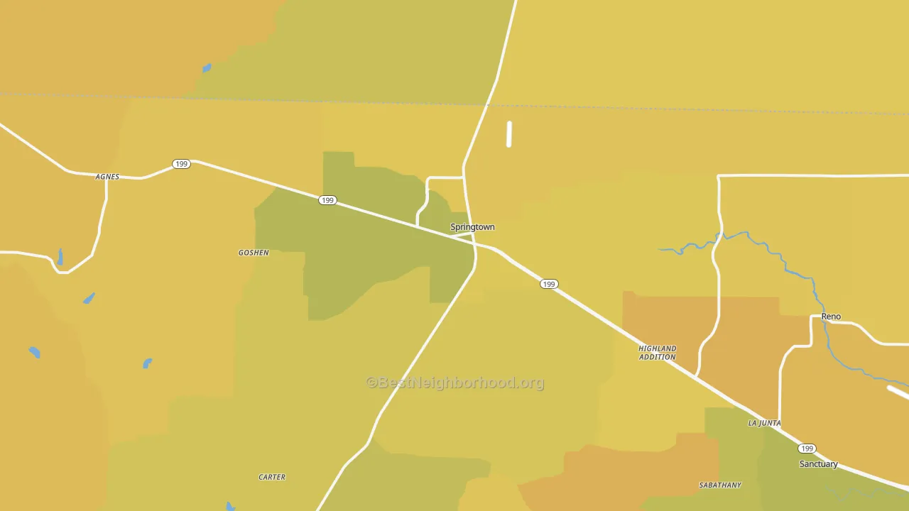 Map of the best neighborhoods in the Springtown area, with better matches in green and worse matches in red
