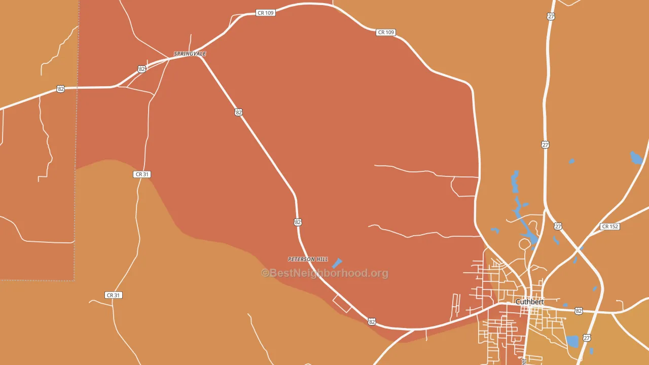 Map of the best neighborhoods in the Springvale area, with better matches in green and worse matches in red
