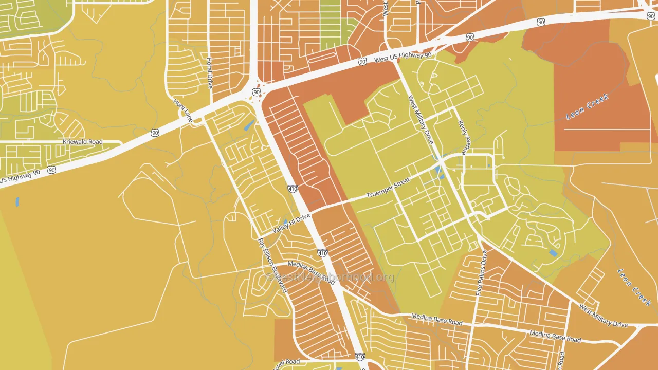Map of the best neighborhoods in the Springvale, San Antonio area, with better matches in green and worse matches in red