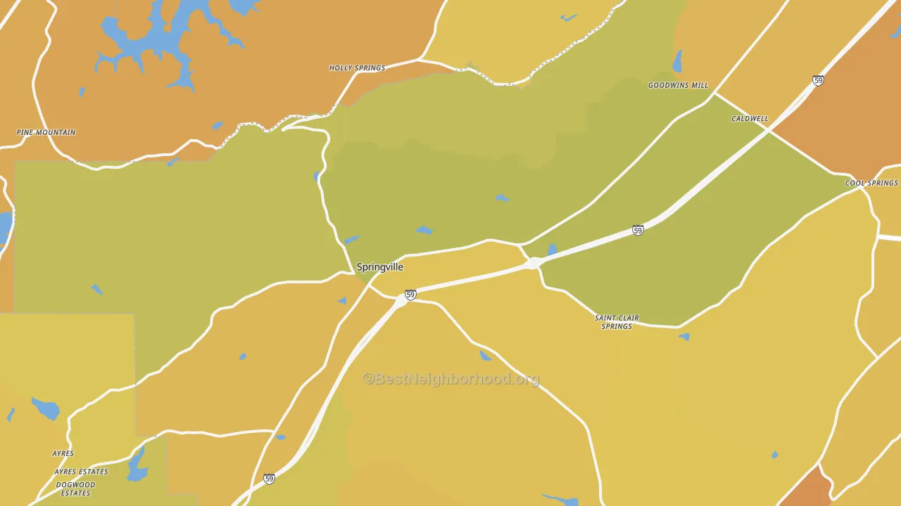 Map of the best neighborhoods in the Springville area, with better matches in green and worse matches in red