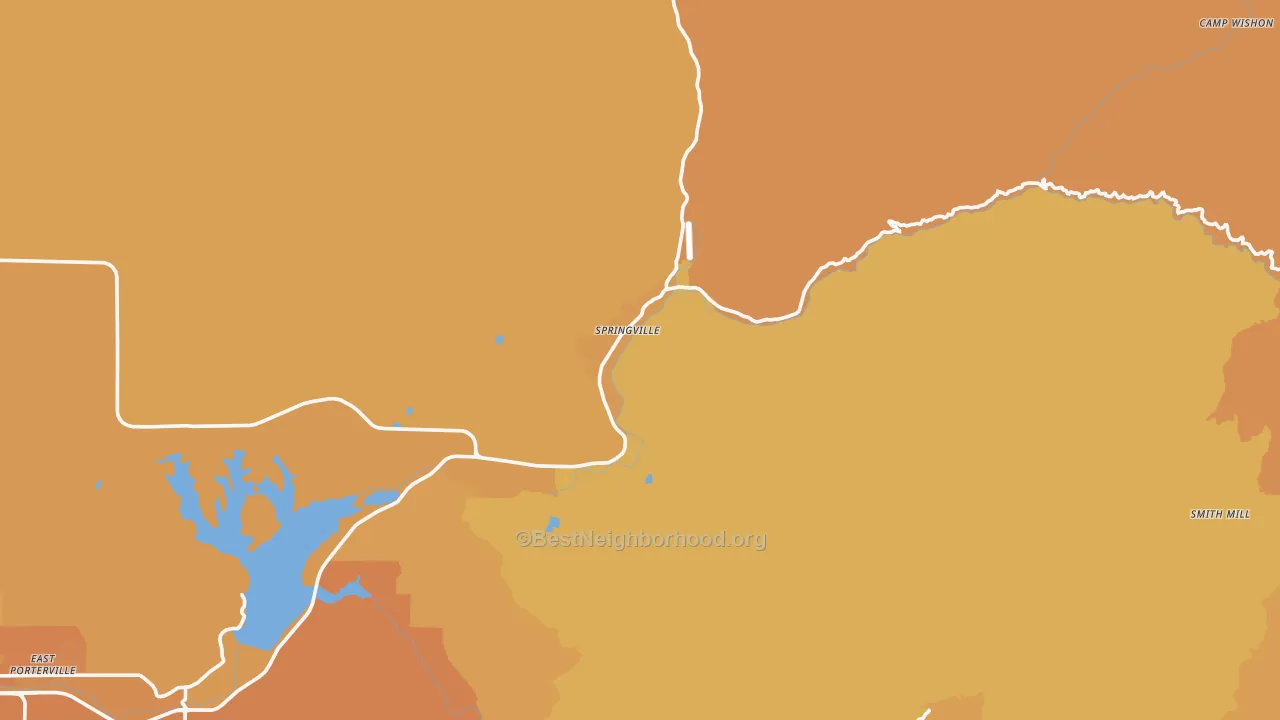 Map of the best neighborhoods in the Springville area, with better matches in green and worse matches in red