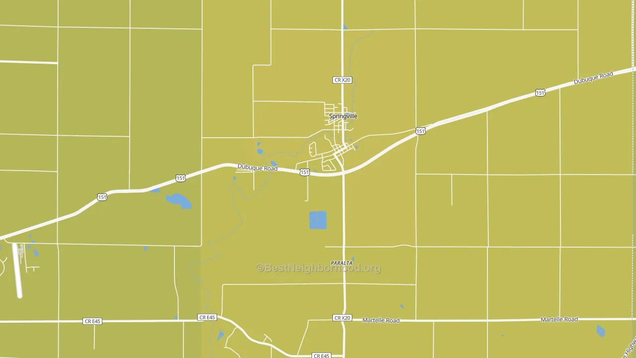 Map of the best neighborhoods in the Springville area, with better matches in green and worse matches in red