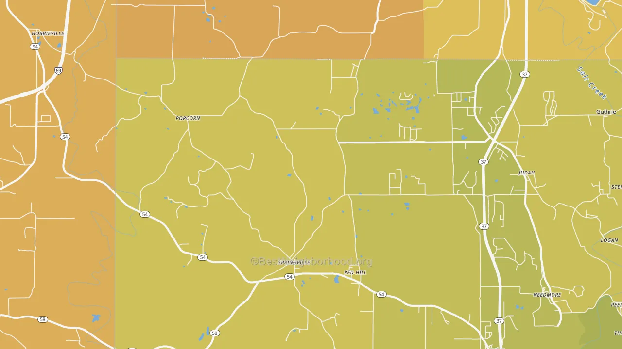 Map of the best neighborhoods in the Springville area, with better matches in green and worse matches in red