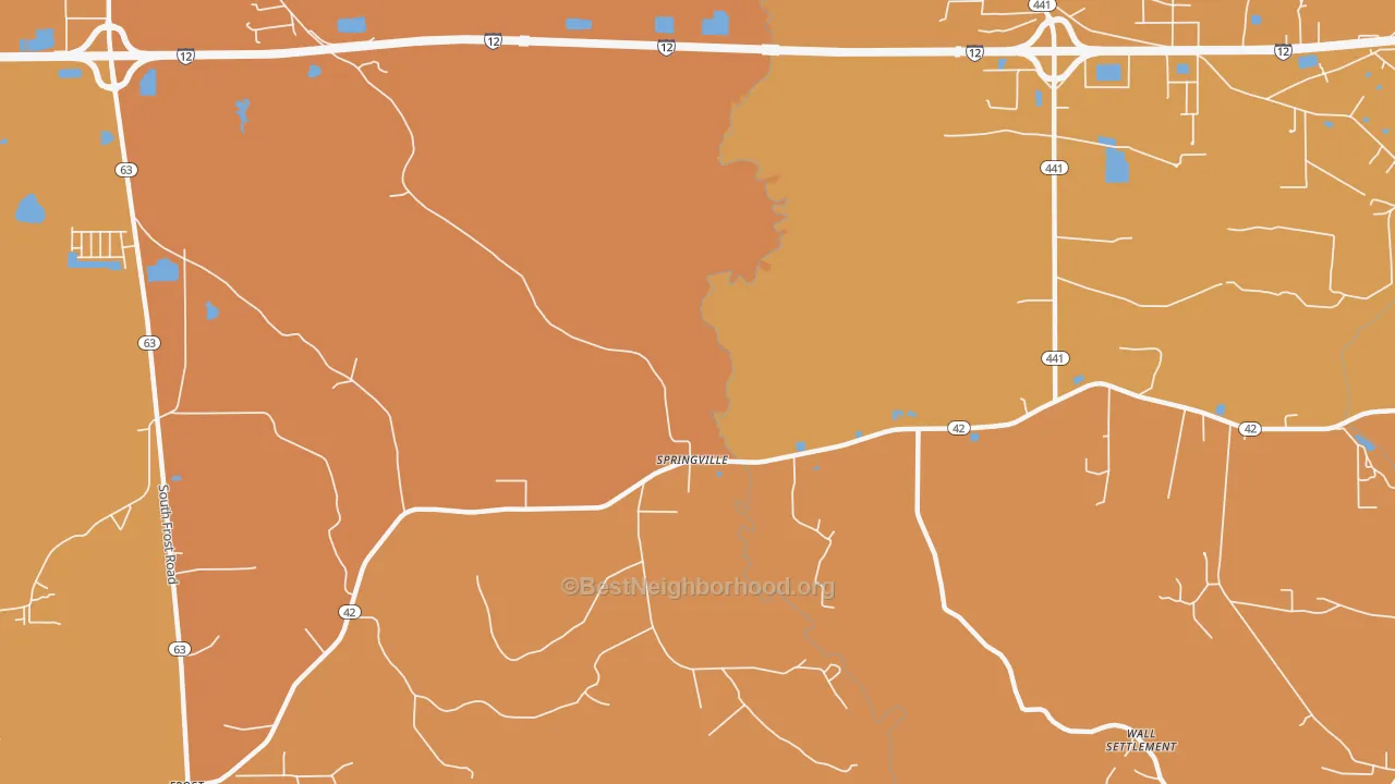 Map of the best neighborhoods in the Springville area, with better matches in green and worse matches in red