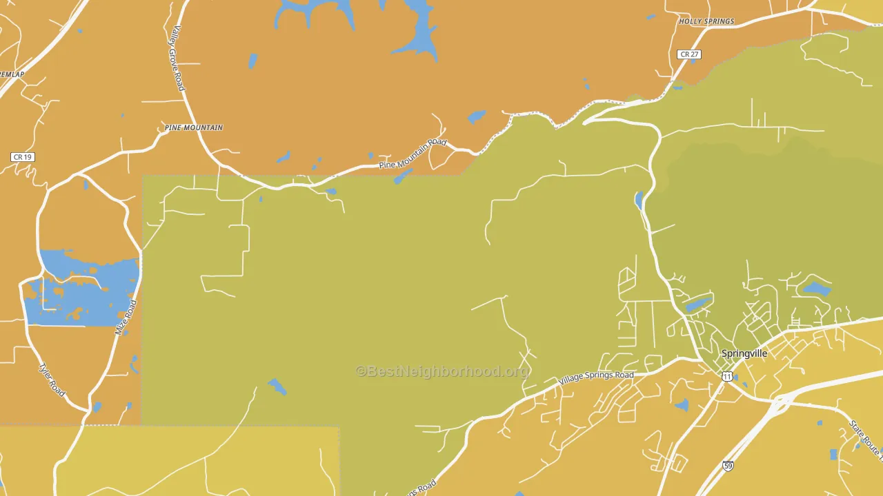 Map of the best neighborhoods in the Springville Lake Estates area, with better matches in green and worse matches in red