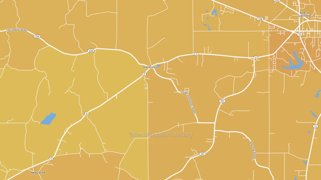 Map of the best neighborhoods in the Springville area, with better matches in green and worse matches in red