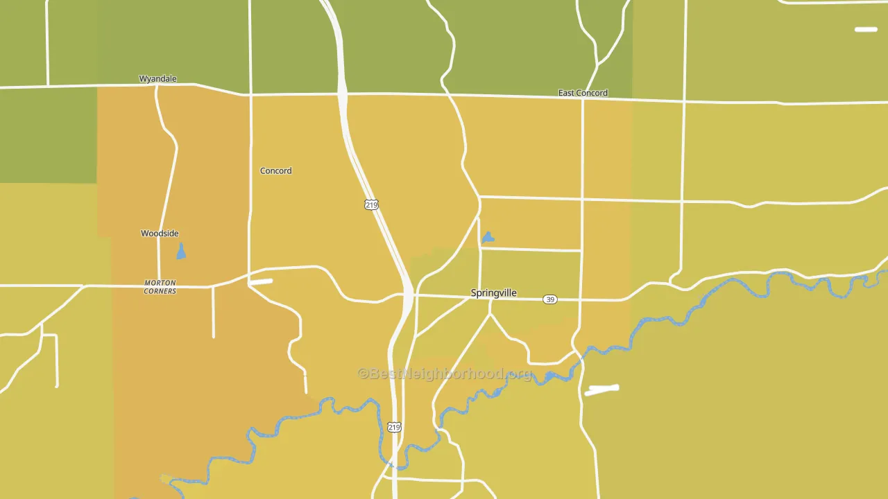 Map of the best neighborhoods in the Springville area, with better matches in green and worse matches in red