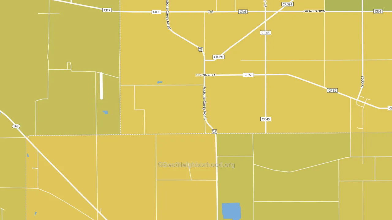 Map of the best neighborhoods in the Springville area, with better matches in green and worse matches in red