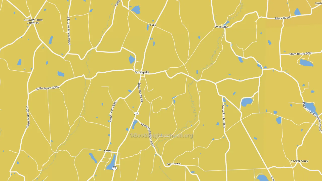 Map of the best neighborhoods in the Springville area, with better matches in green and worse matches in red
