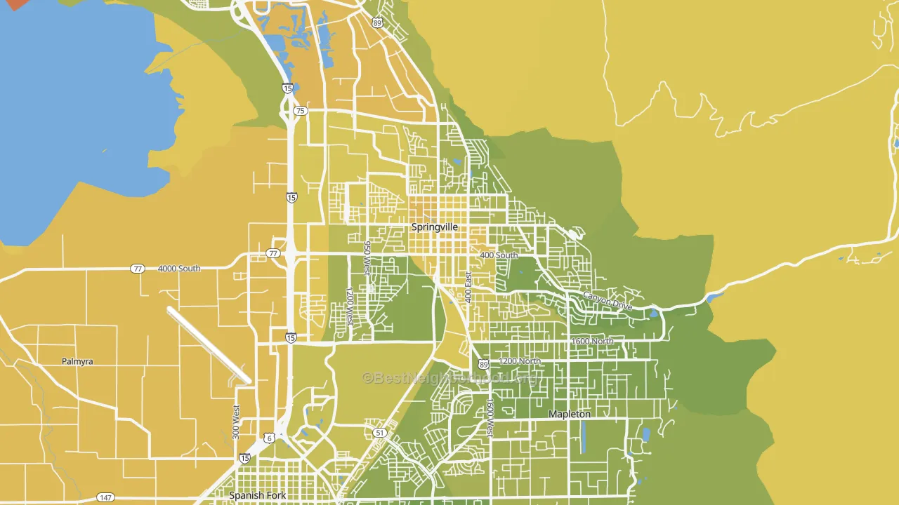 Map of the best neighborhoods in the Springville area, with better matches in green and worse matches in red
