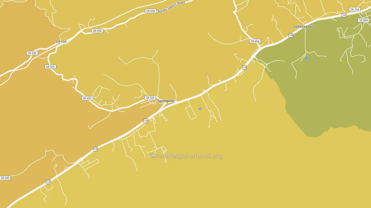 Map of the best neighborhoods in the Springville area, with better matches in green and worse matches in red