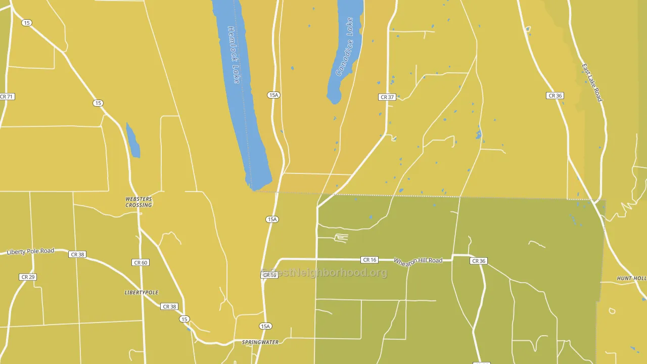 Map of the best neighborhoods in the Springwater area, with better matches in green and worse matches in red