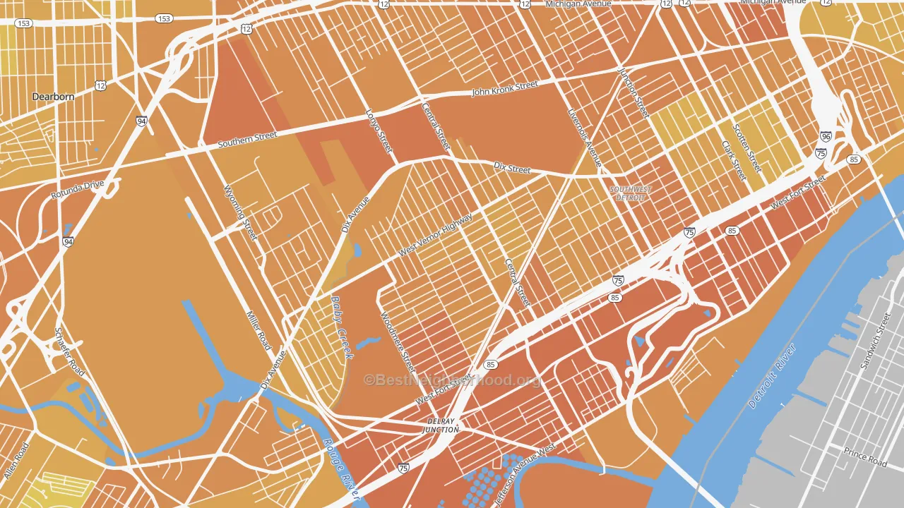 Map of the best neighborhoods in the Springwells, Detroit area, with better matches in green and worse matches in red
