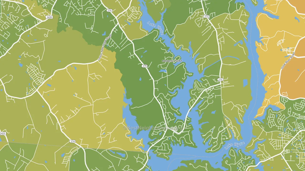 Map of the best neighborhoods in the Springwood area, with better matches in green and worse matches in red
