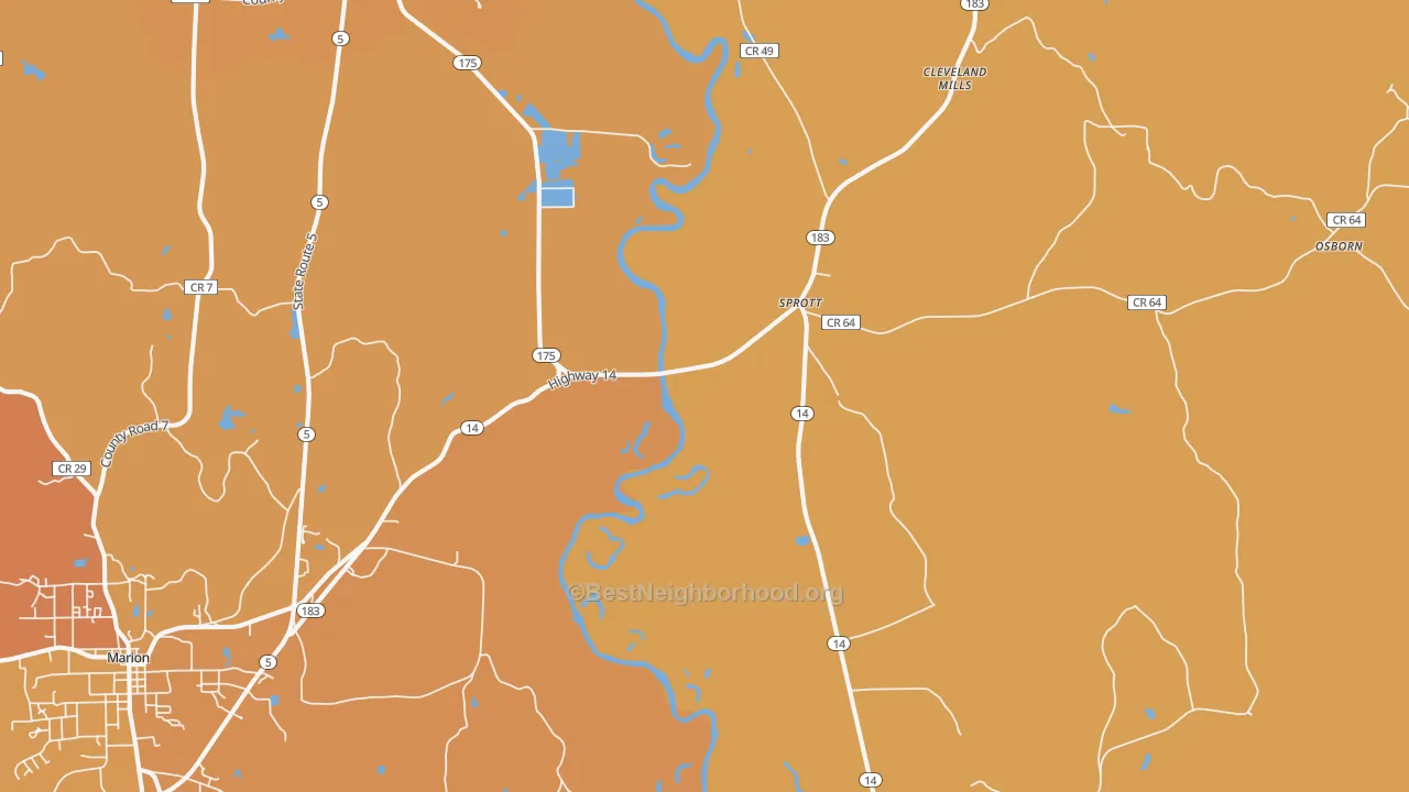Map of the best neighborhoods in the Sprott area, with better matches in green and worse matches in red