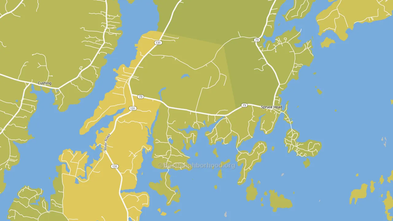 Map of the best neighborhoods in the Spruce Head area, with better matches in green and worse matches in red