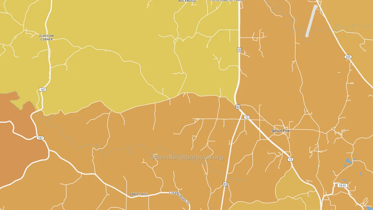 Map of the best neighborhoods in the Spruce Pine area, with better matches in green and worse matches in red