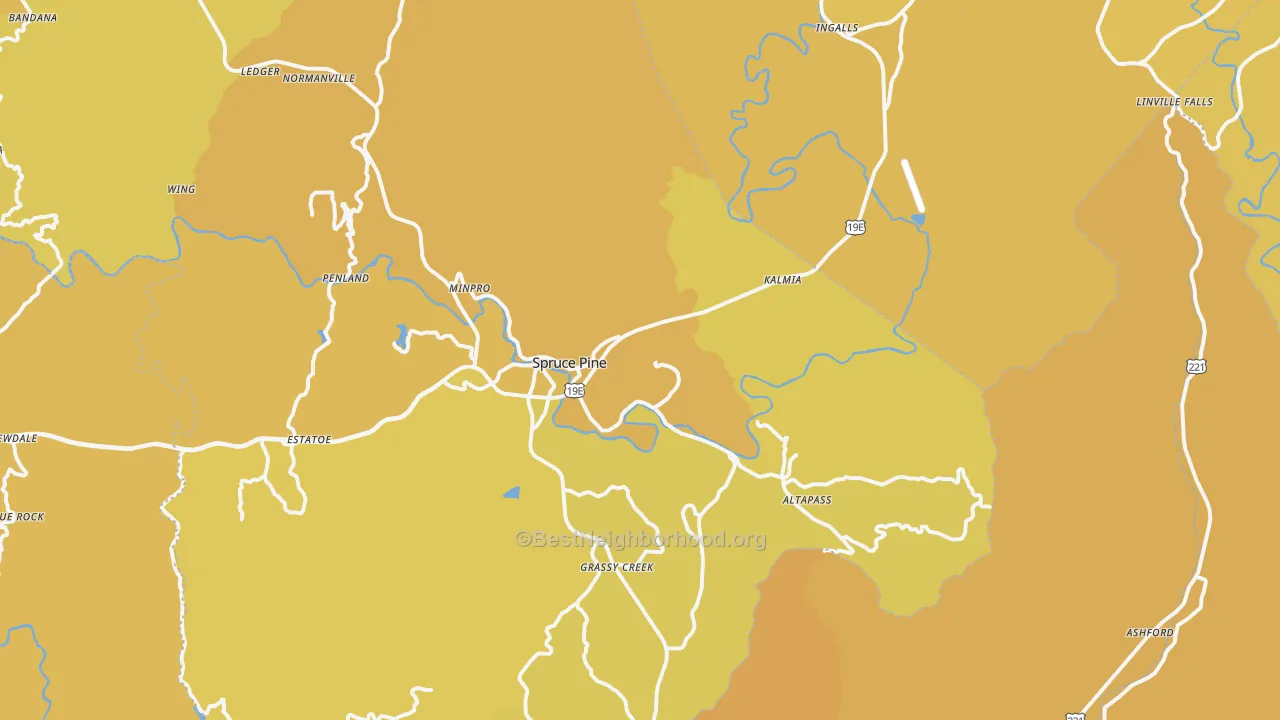 Map of the best neighborhoods in the Spruce Pine area, with better matches in green and worse matches in red