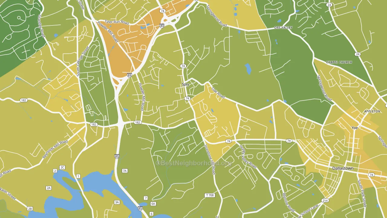 Map of the best neighborhoods in the Spry area, with better matches in green and worse matches in red