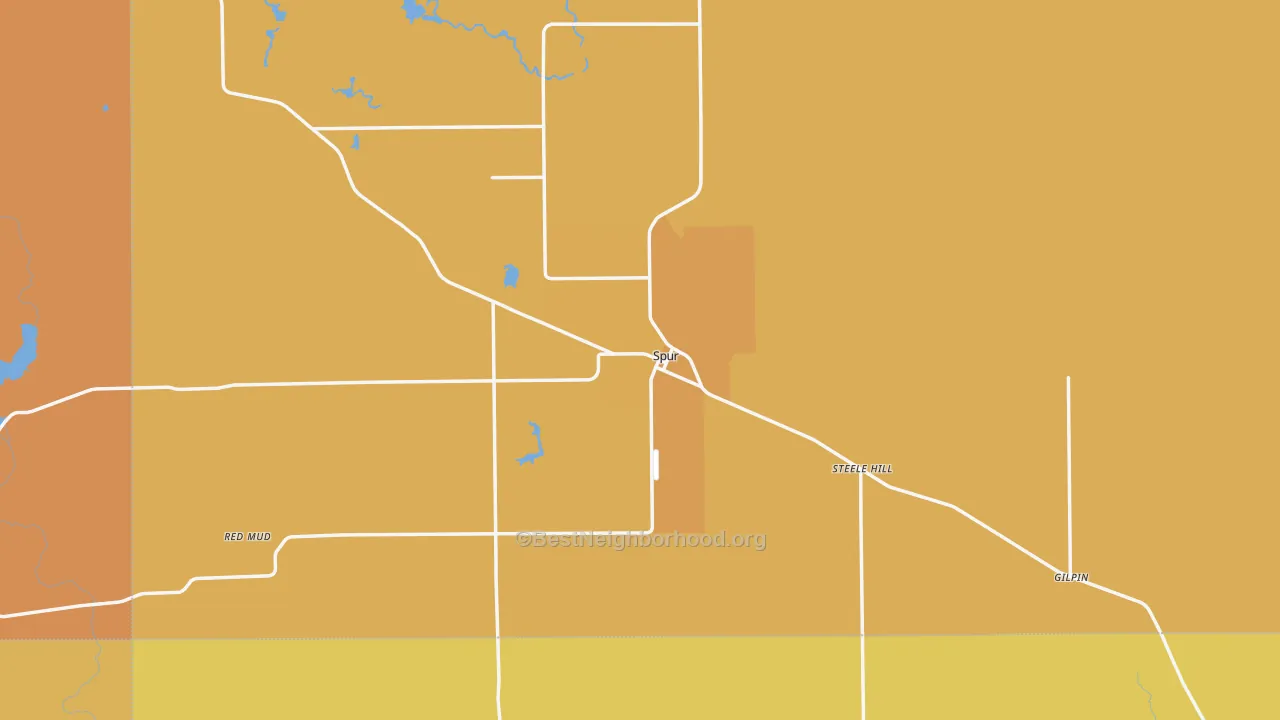 Map of the best neighborhoods in the Spur area, with better matches in green and worse matches in red