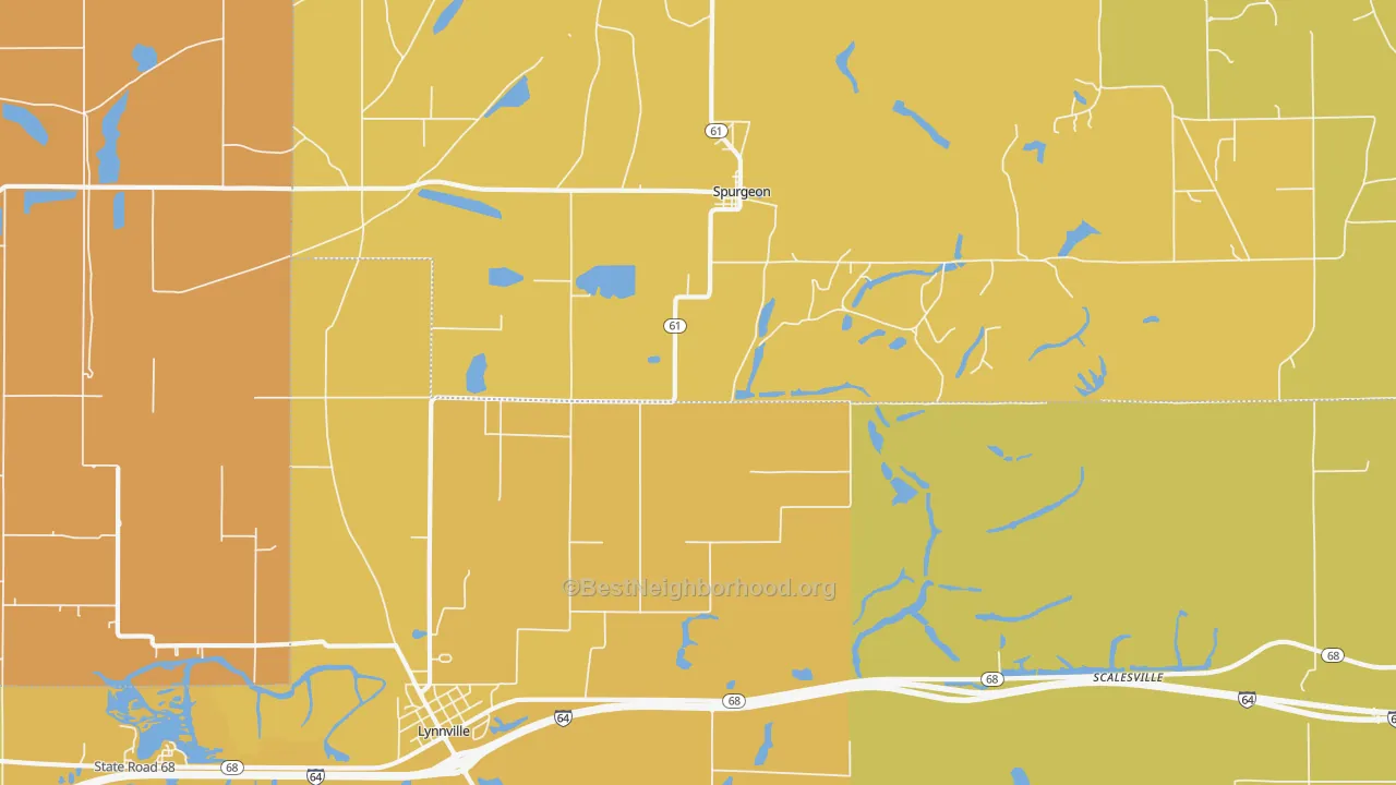 Map of the best neighborhoods in the Spurgeon area, with better matches in green and worse matches in red