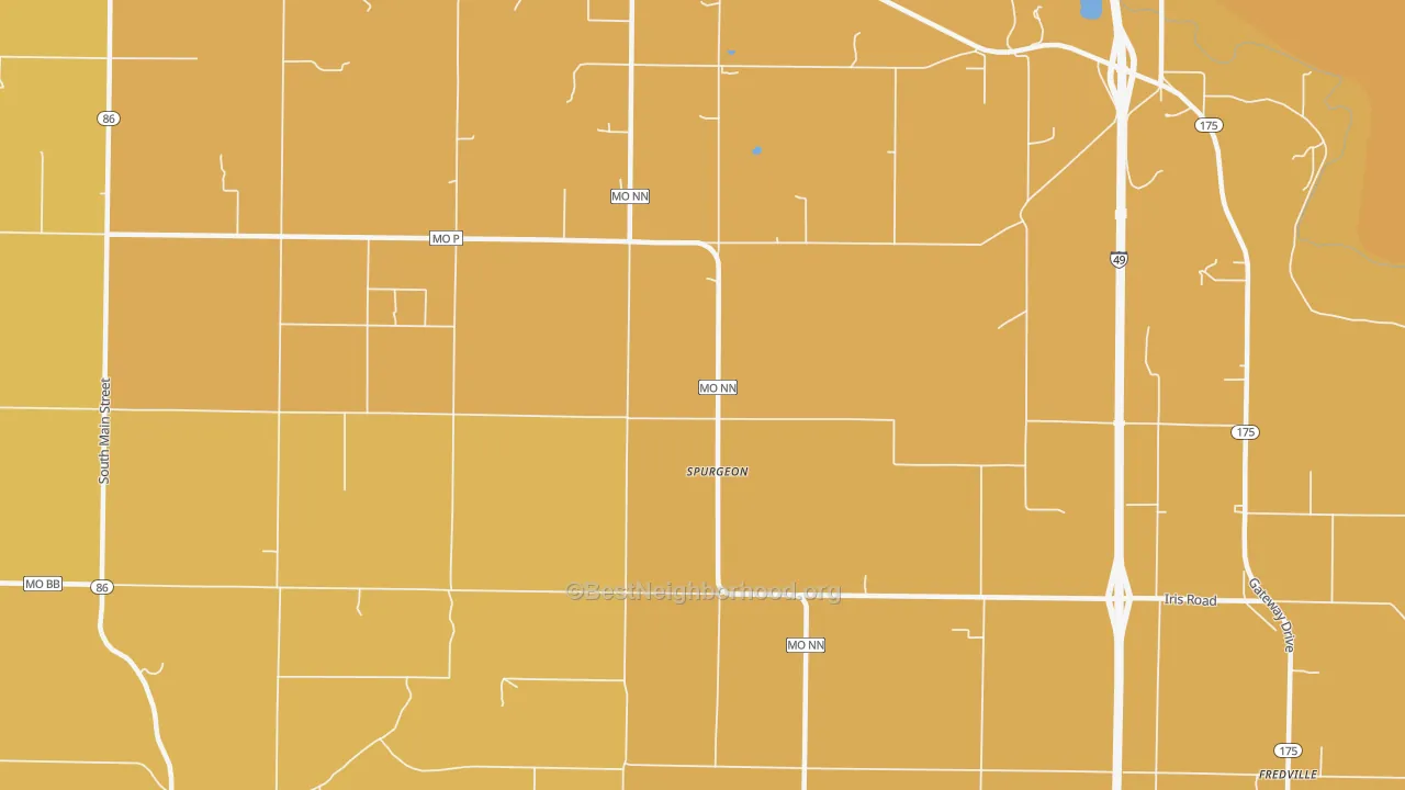 Map of the best neighborhoods in the Spurgeon area, with better matches in green and worse matches in red