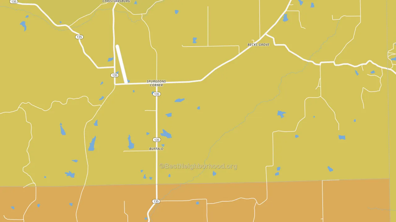 Map of the best neighborhoods in the Spurgeons Corner area, with better matches in green and worse matches in red
