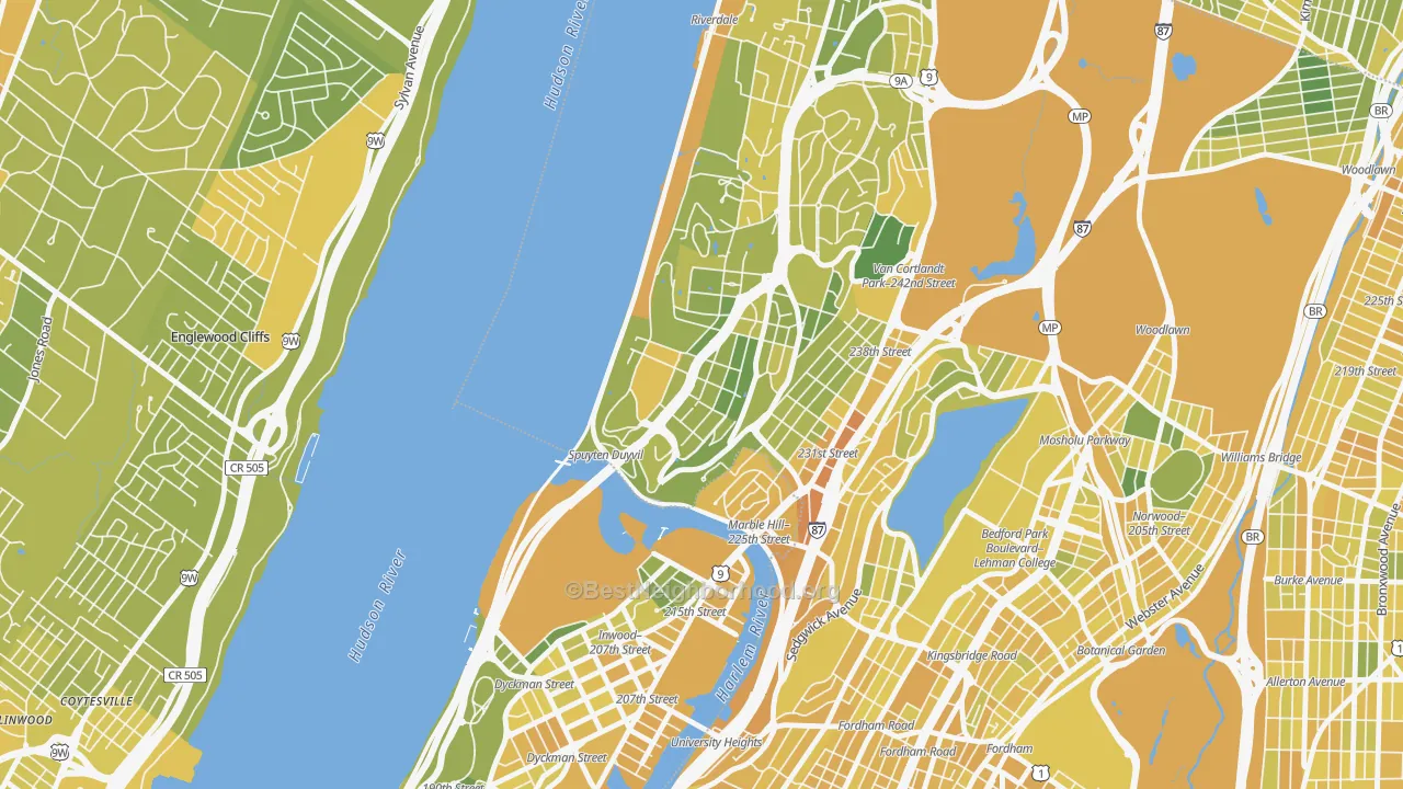 Map of the best neighborhoods in the Spuyten Duyvil, Bronx area, with better matches in green and worse matches in red