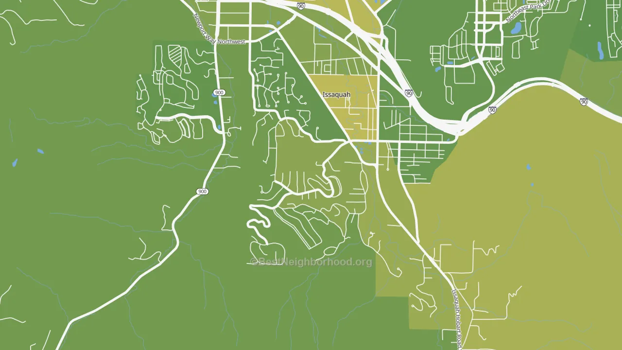 Map of the best neighborhoods in the Squak Mountain, Issaquah area, with better matches in green and worse matches in red