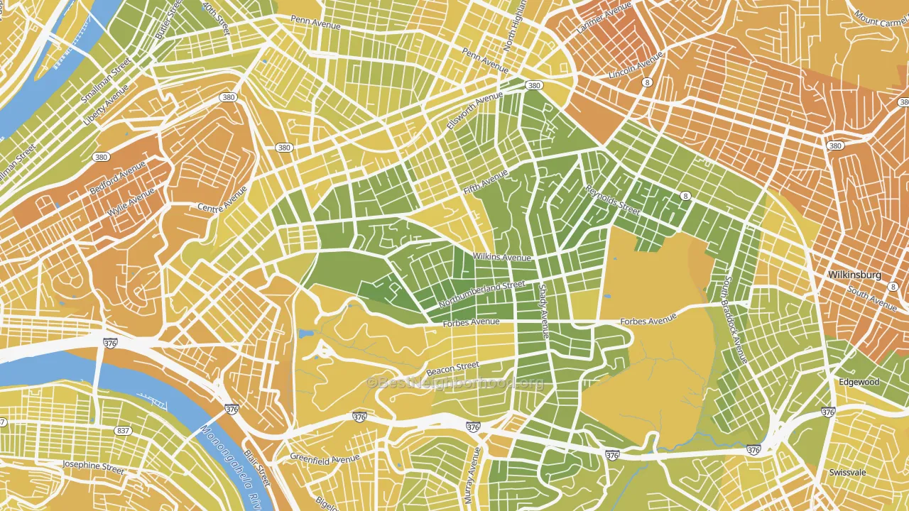 Map of the best neighborhoods in the Squirrel Hill North, Pittsburgh area, with better matches in green and worse matches in red