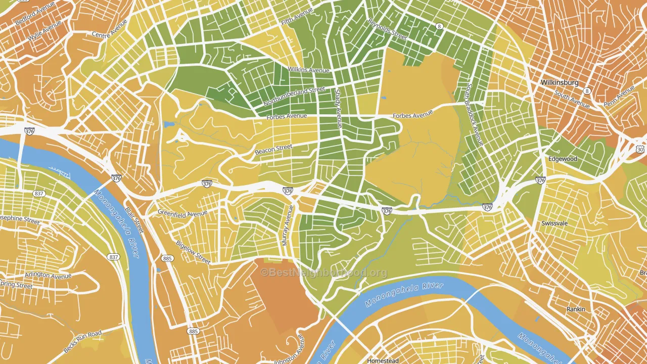 Map of the best neighborhoods in the Squirrel Hill South, Pittsburgh area, with better matches in green and worse matches in red