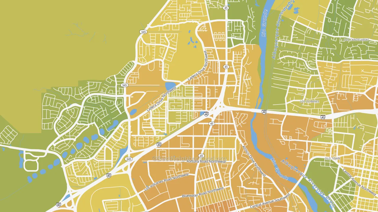 Map of the best neighborhoods in the SR Marmon, Albuquerque area, with better matches in green and worse matches in red