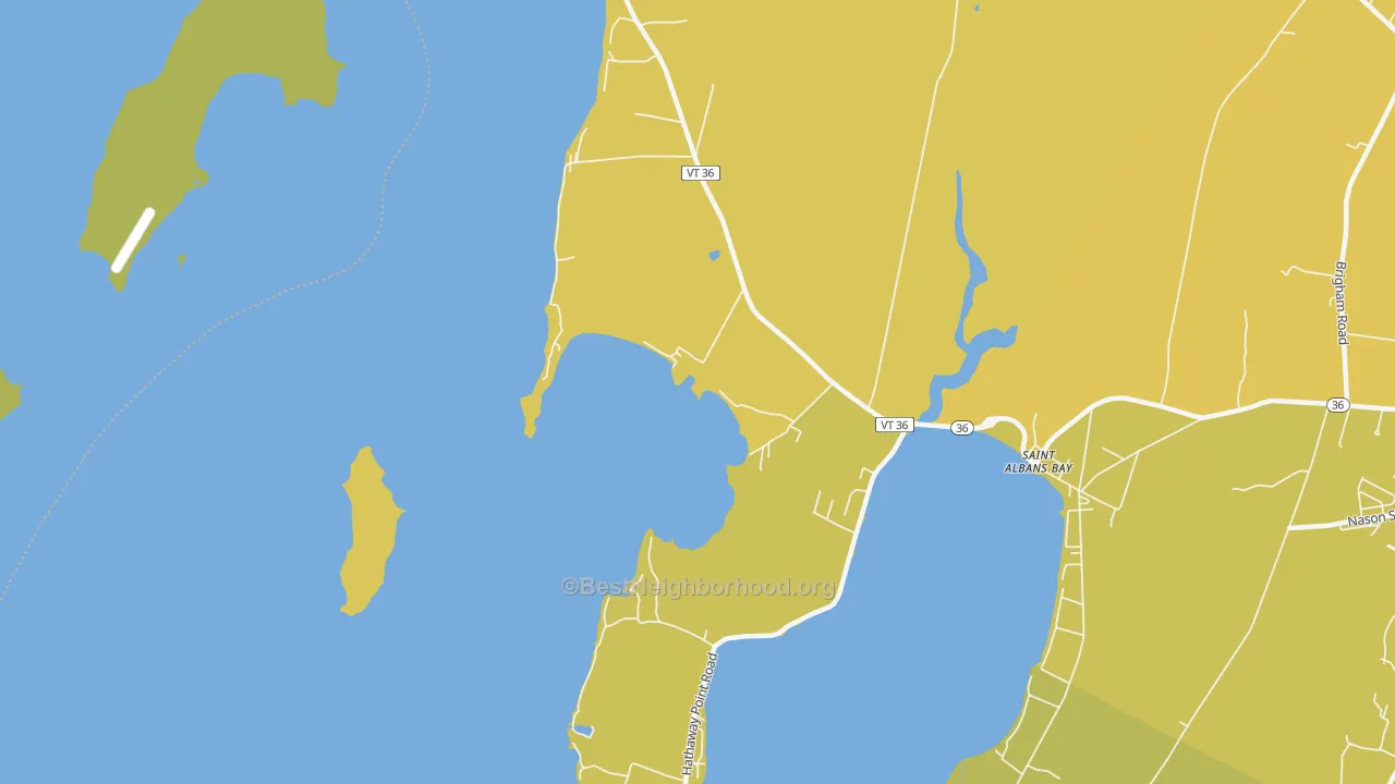 Map of the best neighborhoods in the St. Albans Bay area, with better matches in green and worse matches in red