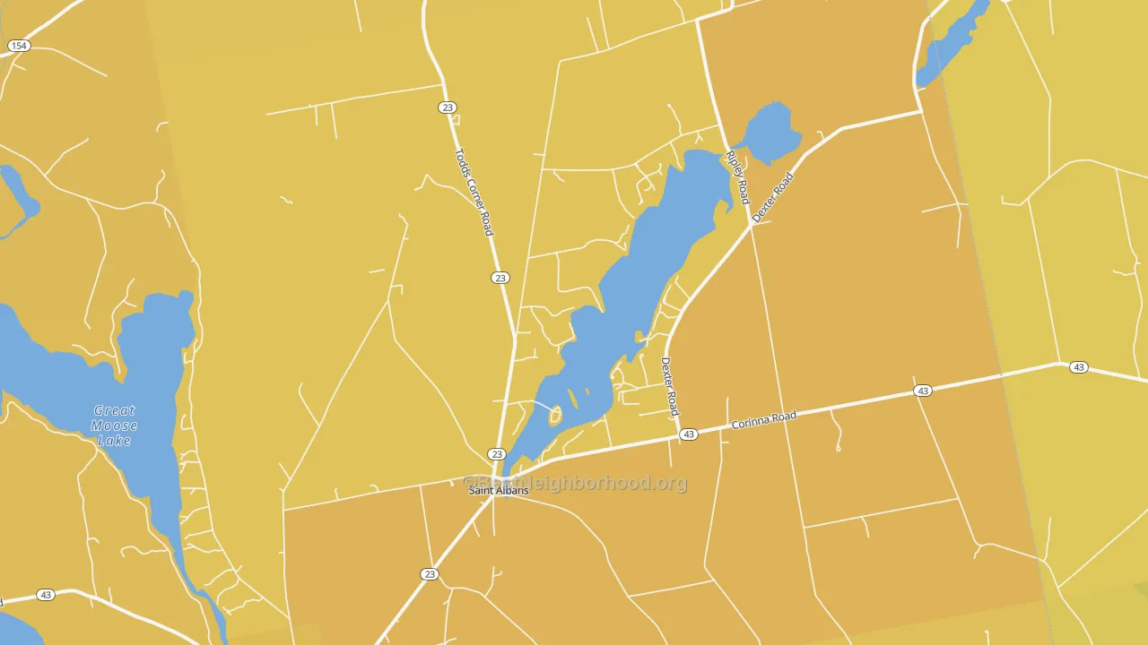 Map of the best neighborhoods in the St. Albans area, with better matches in green and worse matches in red