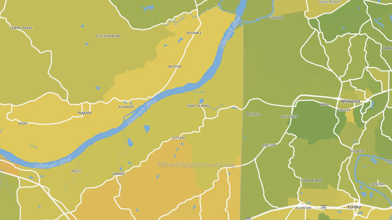 Map of the best neighborhoods in the St. Albans area, with better matches in green and worse matches in red