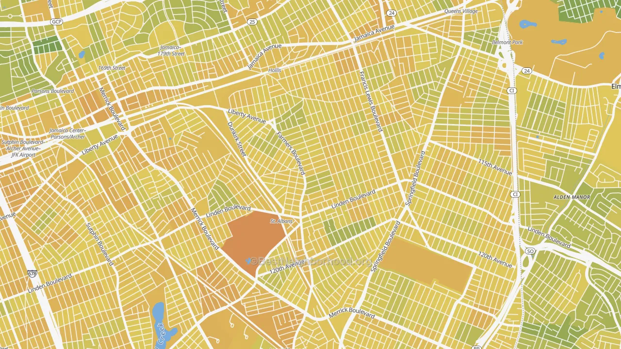 Map of the best neighborhoods in the St Albans, Queens area, with better matches in green and worse matches in red