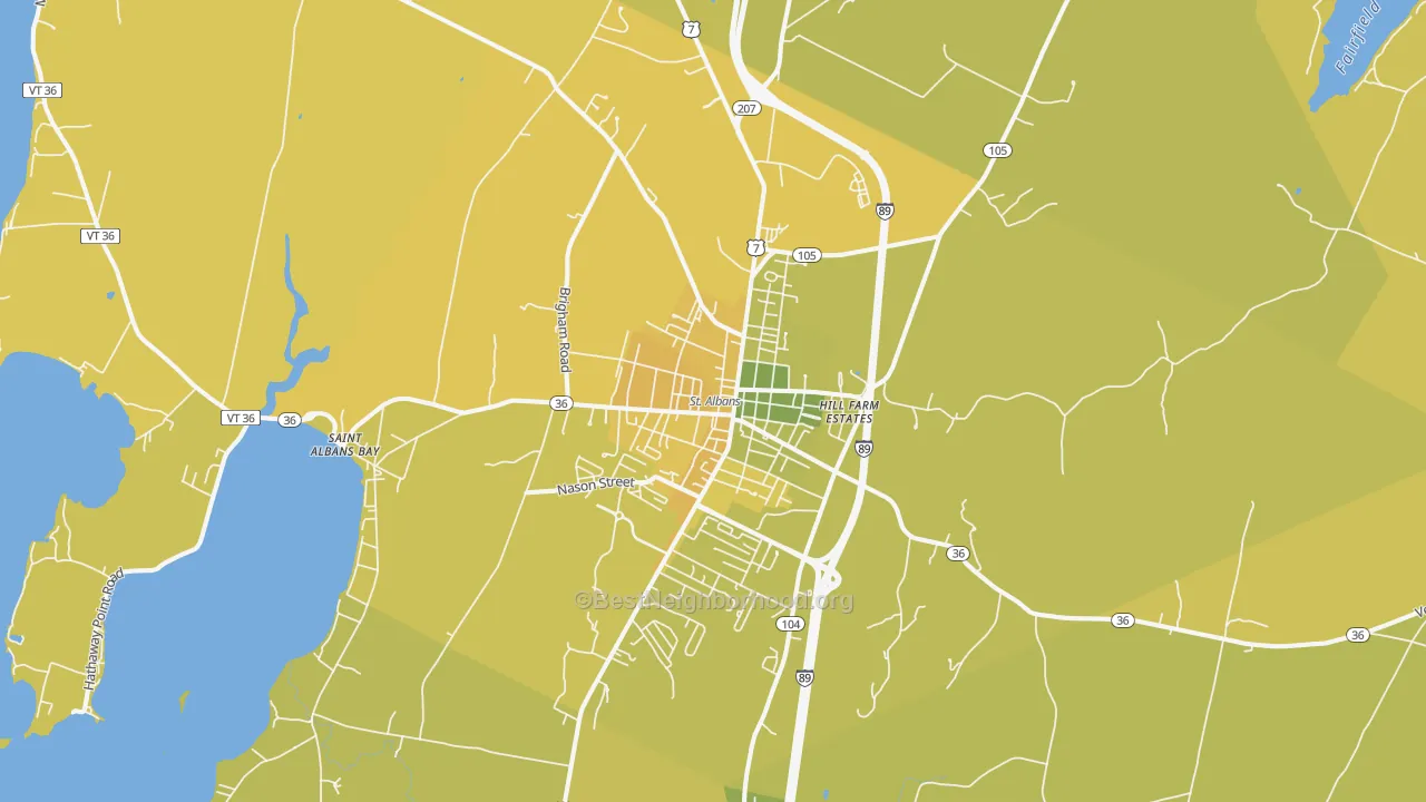 Map of the best neighborhoods in the St. Albans area, with better matches in green and worse matches in red