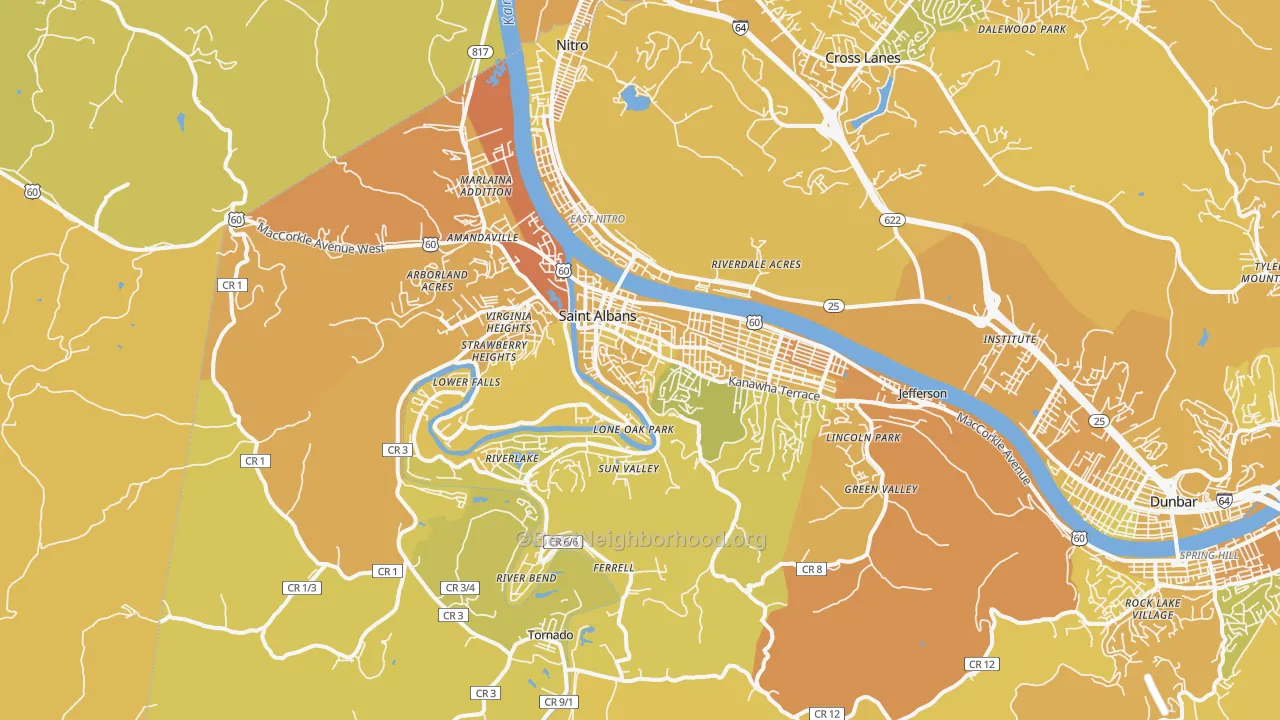 Map of the best neighborhoods in the St. Albans area, with better matches in green and worse matches in red
