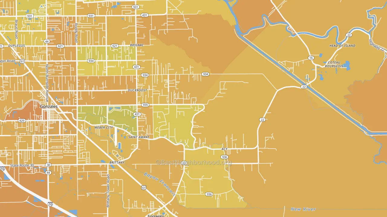 Map of the best neighborhoods in the St. Amant area, with better matches in green and worse matches in red
