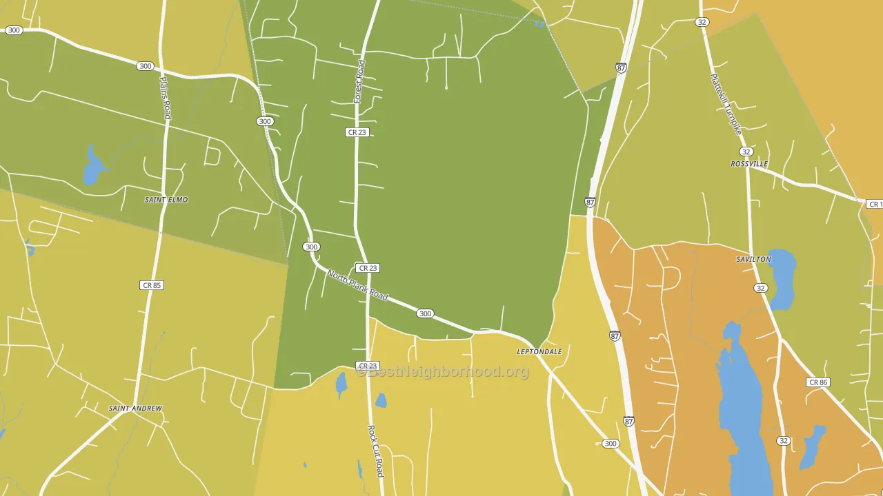 Map of the best neighborhoods in the St. Andrew area, with better matches in green and worse matches in red