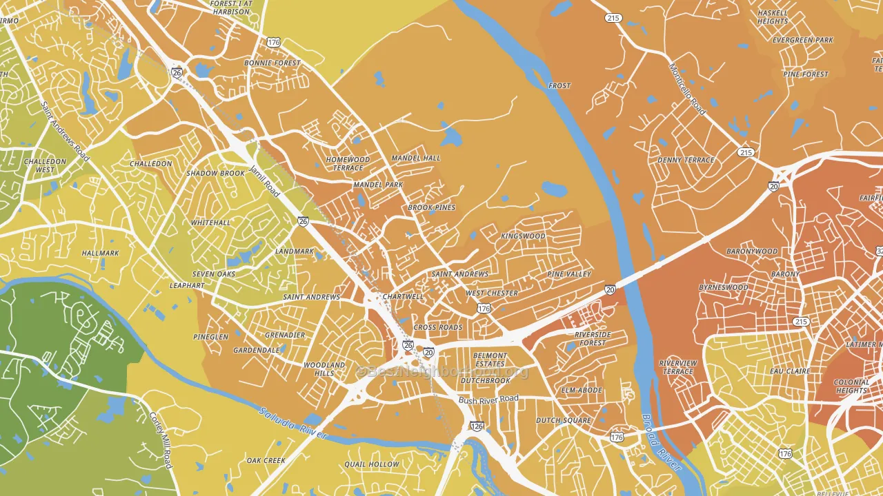 Map of the best neighborhoods in the St. Andrews area, with better matches in green and worse matches in red