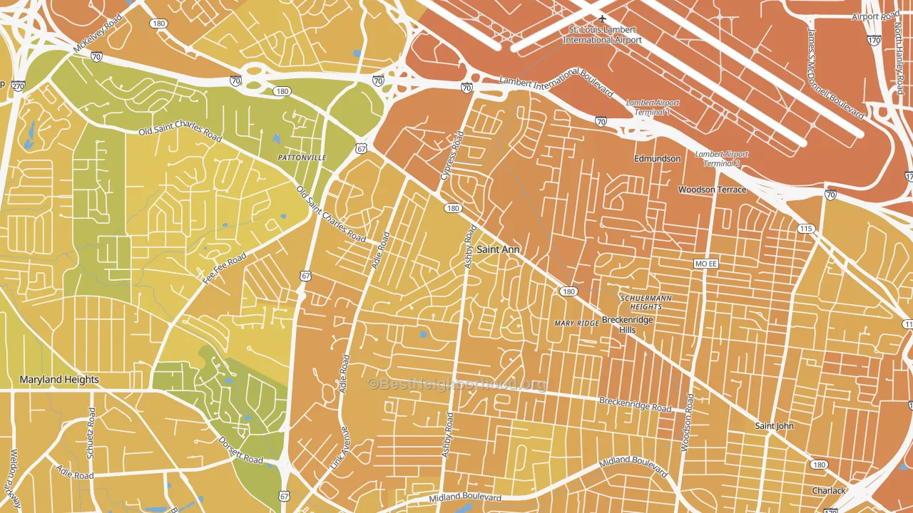Map of the best neighborhoods in the St. Ann area, with better matches in green and worse matches in red