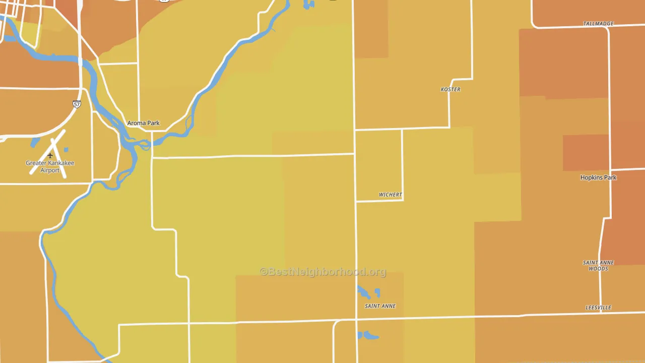 Map of the best neighborhoods in the St. Anne area, with better matches in green and worse matches in red